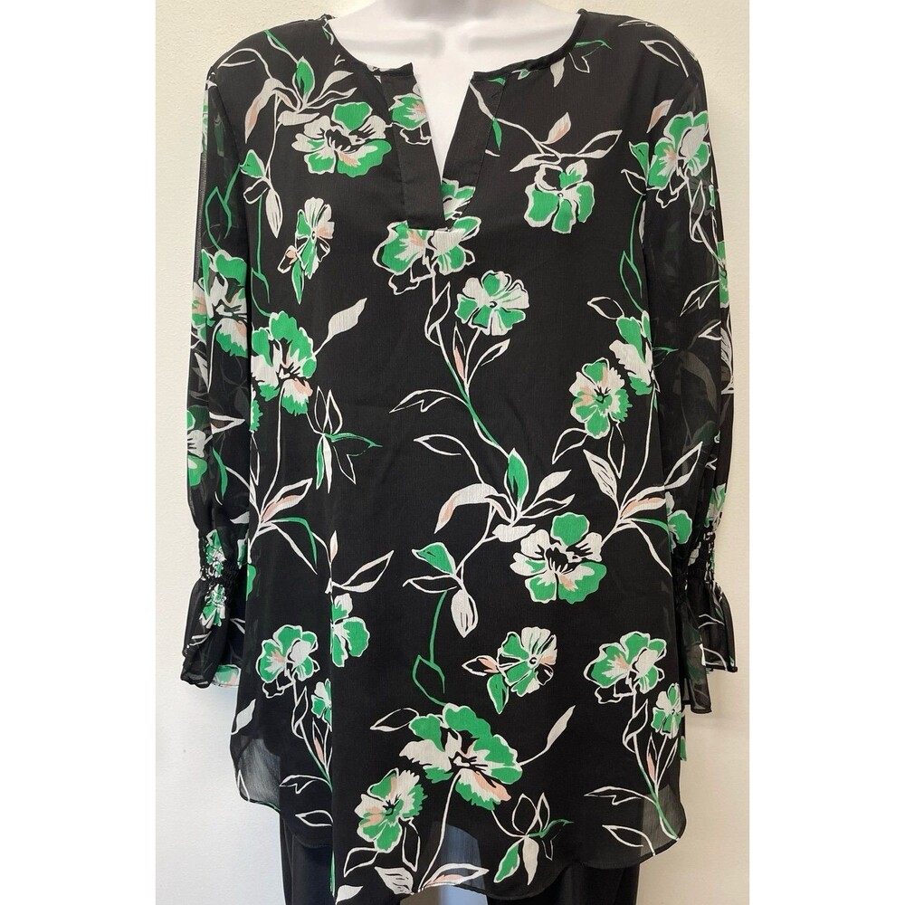 Beautiful Like New Sz L Black Green Floral Print Dressy Blouse by Isaac Mizrahi